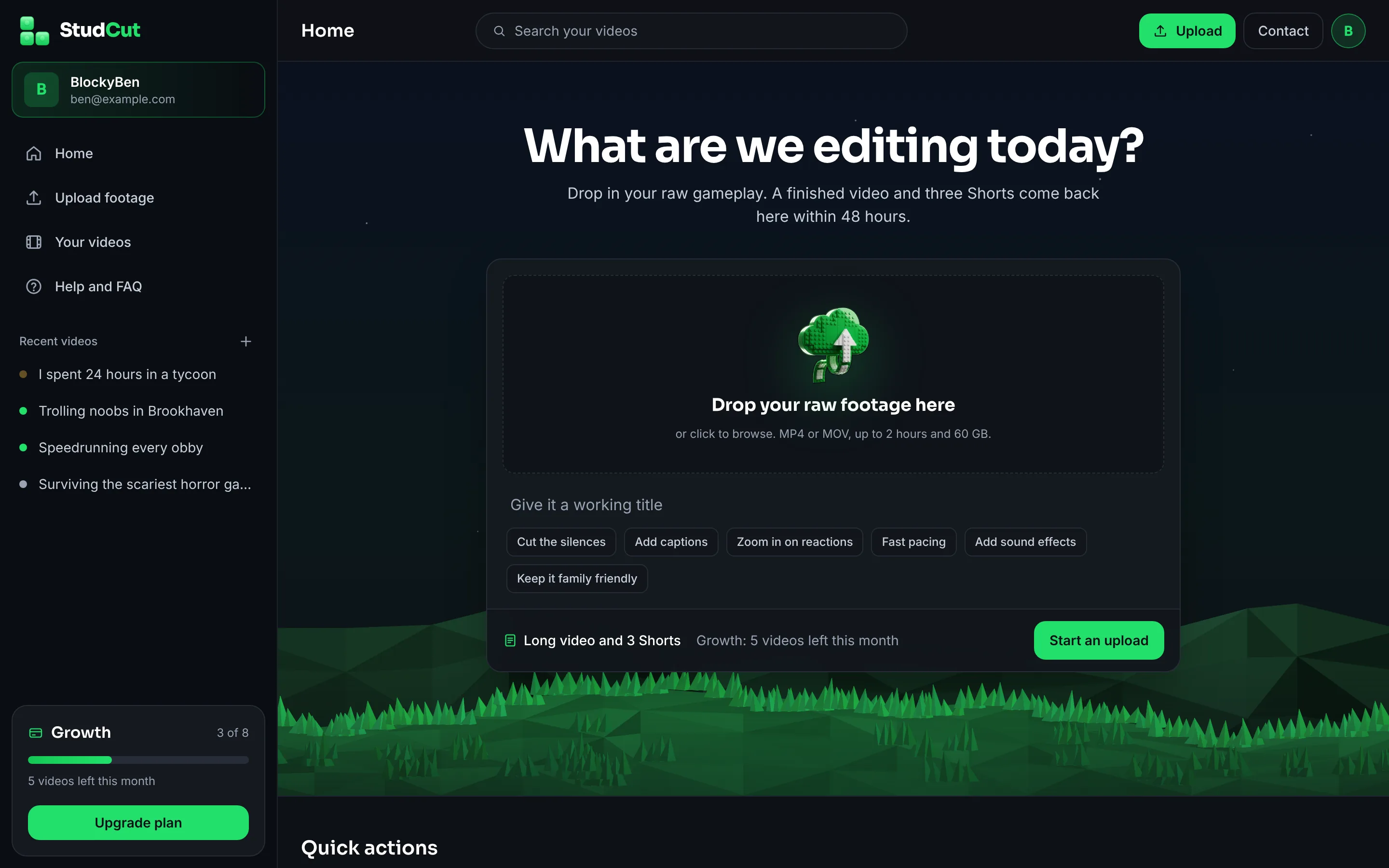 The StudCut dashboard with an upload box, quick actions and recent videos