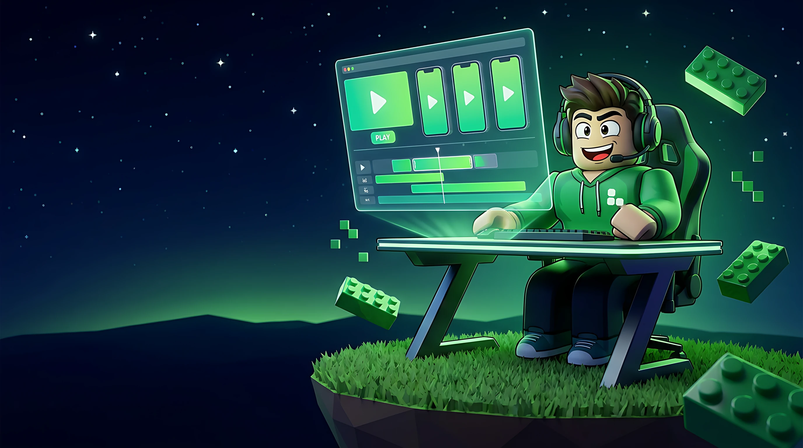 A blocky creator at a desk on a floating grass island, editing a video on a glowing screen